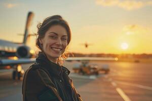 Joyful flight attendant poses on the airport tarmac with planes and a radiant sunset in the background, highlighting the happiness of travel and aviation professionals photo