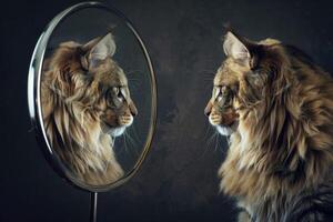 Majestic lion looking at its reflection in a round mirror against a dark background photo