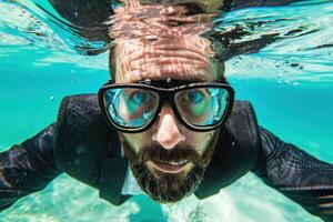 Unexpected take on corporate freedom featuring a businessman with exaggerated facial expression swimming underwater, wearing goggles, and a suit photo