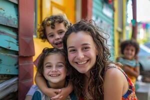 Close-up of a young woman beaming with children, radiating warmth and family connection photo