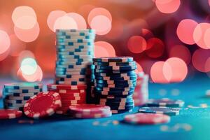 Vibrant photo of various stacks of poker chips under soft, ambient lighting on a casino table, capturing the thrilling ambiance of gambling and gaming