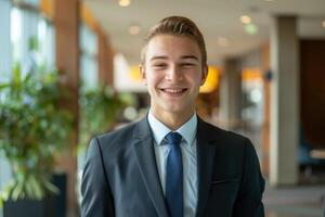 Confident young professional man in a tailored suit and tie smiles in a modern office setting, exuding positivity and approachability photo