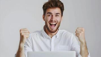 Confident Young Marketing Consultant Celebrating Success in Modern Office Setting photo