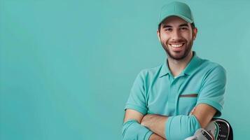 Friendly and Approachable Young Golf Assistant in Uniform on Vibrant Turquoise Background photo