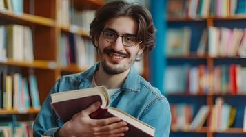 Enthusiastic Library Assistant A Vision of Joy and Knowledge in a Colorful Workspace photo