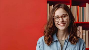 Enthusiastic Young Library Assistant Inspiring Learning and Knowledge on Color Background photo