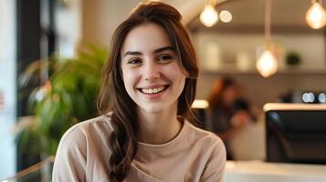Friendly Young Receptionist Smiling and Working at Her Desk in a Modern Office Environment photo