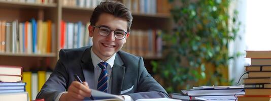 Dedicated Young Businessman Studying Intently in Cozy Library Setting photo