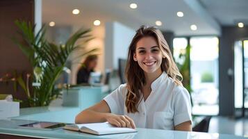 Friendly Receptionist Greeting Visitors in Bright Modern Office photo