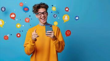 Friendly Young Professional Enthusiastically Using Smartphone for Social Media Work photo