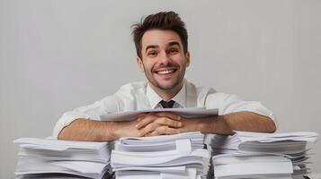 Diligent Young Business Professional Happily Handling Paperwork at Office Desk photo