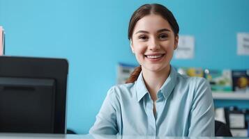 Happy Young Bank Teller Exuding Professionalism and Joy in Modern Workplace photo