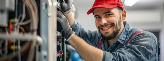 Happy Young HVAC Technician Demonstrating Expertise in Vibrant Industrial Setting photo