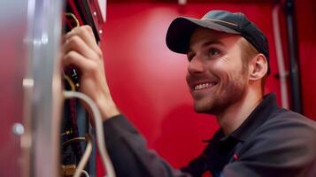 Happy Young HVAC Technician Demonstrating Skill and Pride in Vibrant Work Environment photo