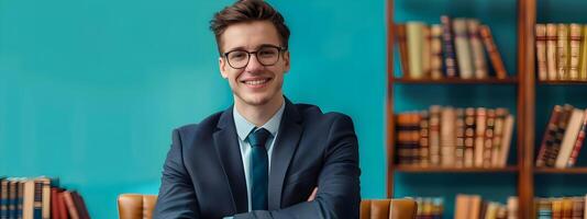 Happy Young Attorney Demonstrating Expertise and Professionalism at Work photo