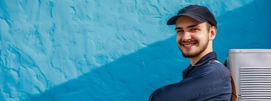 Happy Young HVAC Technician Exuding Pride and Confidence in a Colorful Portrait photo