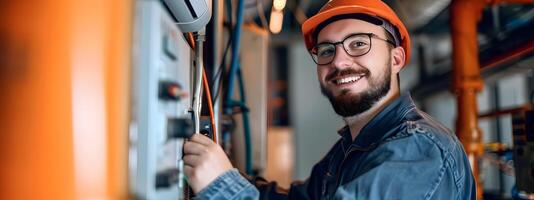 Happy Young HVAC Technician Master of Cooling and Heating Systems on a Vibrant Background photo
