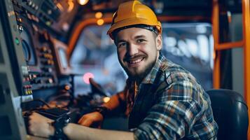Happy Young Machinery Operator in Control Panel A Portrait of Industrial Excellence photo