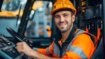 Happy Young Machinery Operator in Control of Industrial Equipment on Colorful Background photo