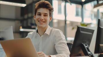 Hardworking Young Businessman Engrossed in Financial Accounting at Office Desk photo