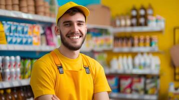 Happy Young Shelf Excelling in Vibrant Retail Environment photo