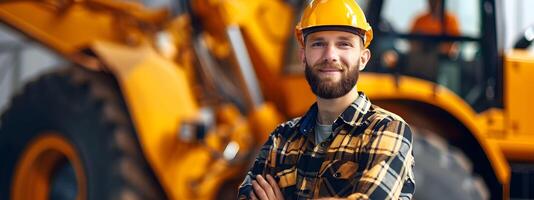 Industrial Triumph Joyous Young Machinery Operator Excelling at Job on Vibrant Background photo