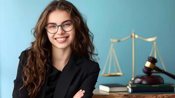 Happy Young Paralegal Exuding Success in Vibrant Office Workspace photo