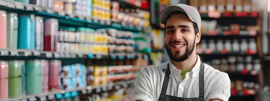Hardworking Shelf Genuine Smile Reflects Joy and Satisfaction in the Retail Industry photo