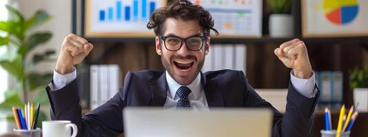 Joyful Business Executive Celebrating Accomplishments in Dynamic Workspace photo