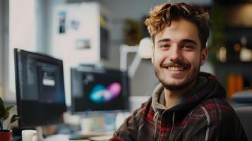 Joyful Graphic Designer Thriving in a Creative Workspace photo