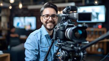 Joyful Media Specialist Capturing Footage in Modern Studio Setting photo