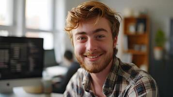 Joyful Young Graphic Designer Crafting Digital Art with Passion and Skill photo