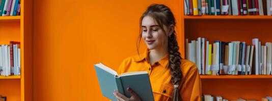 Joyful Library Assistant Engrossed in Work A Colorful Portrayal of Learning and Service photo