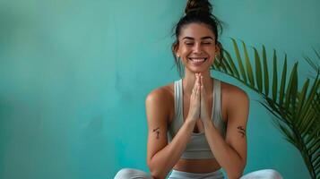 Joyful Yoga Practitioner Embracing Mindful Wellness in Tropical Oasis photo