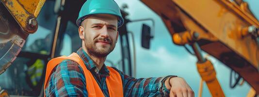 Joyful Young Machinery Operator Mastering Equipment on a Vibrant Industrial Backdrop photo