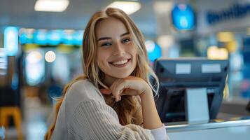Joyful Young Bank Teller Excelling in Financial Services Career photo