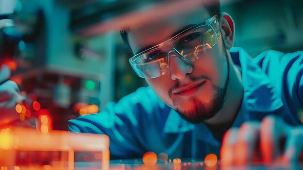 Joyful Young Assembler Excelling in Manufacturing Career on Colorful Background photo
