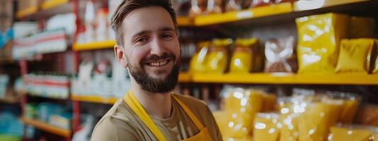 Joyful Young Shelf Excelling in Vibrant Retail Environment photo