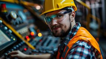 Joyful Young Machinery Operator in Control of Powerful Equipment on Colorful Industrial Background photo