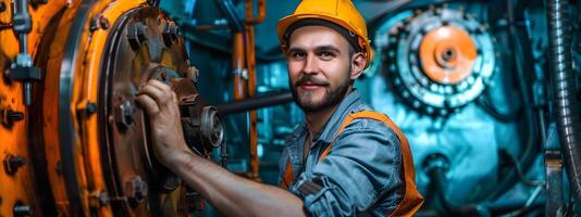 Joyful Young Machinery Operator Excelling in Industrial Production photo