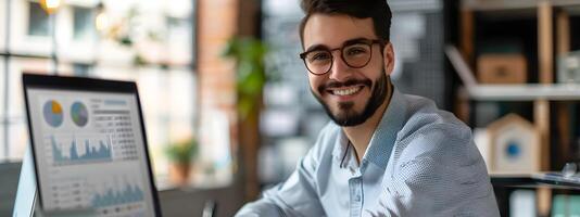 Smiling Young Male Business Analyst Reviewing Market Data Charts on Computer in Office photo