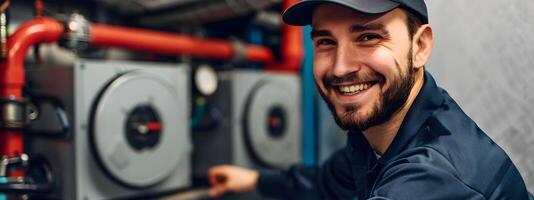 Proud Young HVAC Technician Excels in Modern Trade Portrait on Colorful Backdrop photo