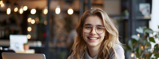 Smiling Blonde Entrepreneur Strategizing on Laptop in Cozy Office Environment photo