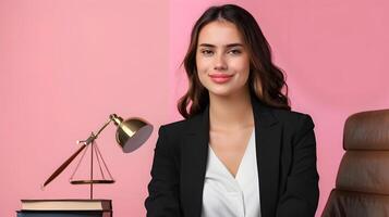 Happy Young Paralegal Exuding Success and Dedication at Colorful Office Desk photo