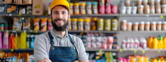 Happy Young Shelf Exuding Success and Efficiency in Vibrant Retail Environment photo