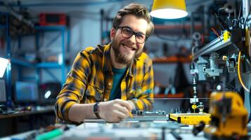 Happy Young Manufacturing Assembler Exuding Pride and Satisfaction in Vibrant Industrial Setting photo