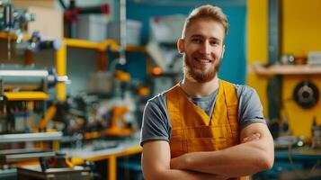 Happy Young Manufacturing Assembler Exudes Job Satisfaction in Vibrant Work Environment photo