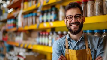 Happy Young Shelf Exuding Joy and Efficiency in a Vibrant Retail Environment photo