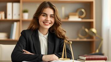 Happy Young Paralegal Excels in Colorful Office Environment Demonstrating Professional Skills and Positivity photo