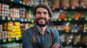 Happy Young Shelf Exuding Positivity and Professionalism in a Vibrant Retail Environment photo